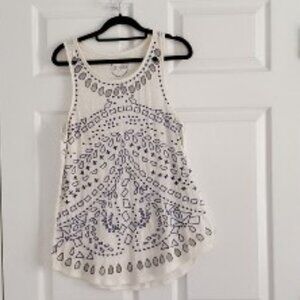 Lucky Brand Summer Tunic Top, Size M, Off White with Blue  Stitching Detail